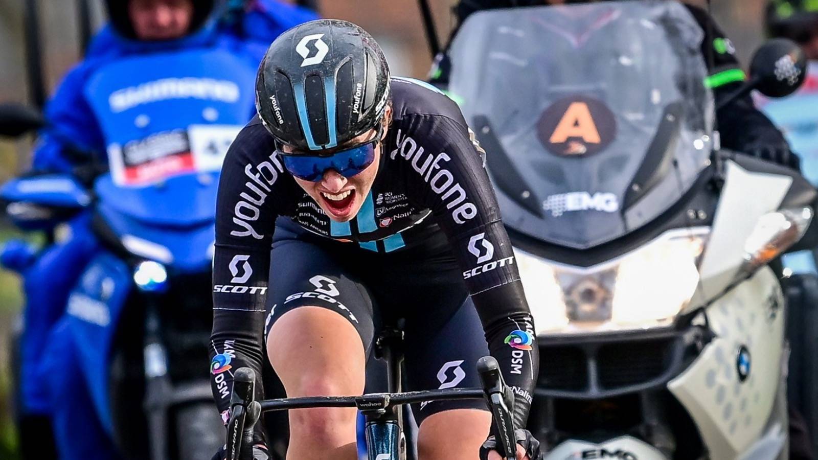 British Pfeiffer Georgi of Team DSM pictured in action during the women's elite race of the 'Classic Brugge-De Panne' one-day cycling race, 159,5 km from Brugge to De Panne, Thursday 23 March 2023. BELGA PHOTO DIRK WAEM